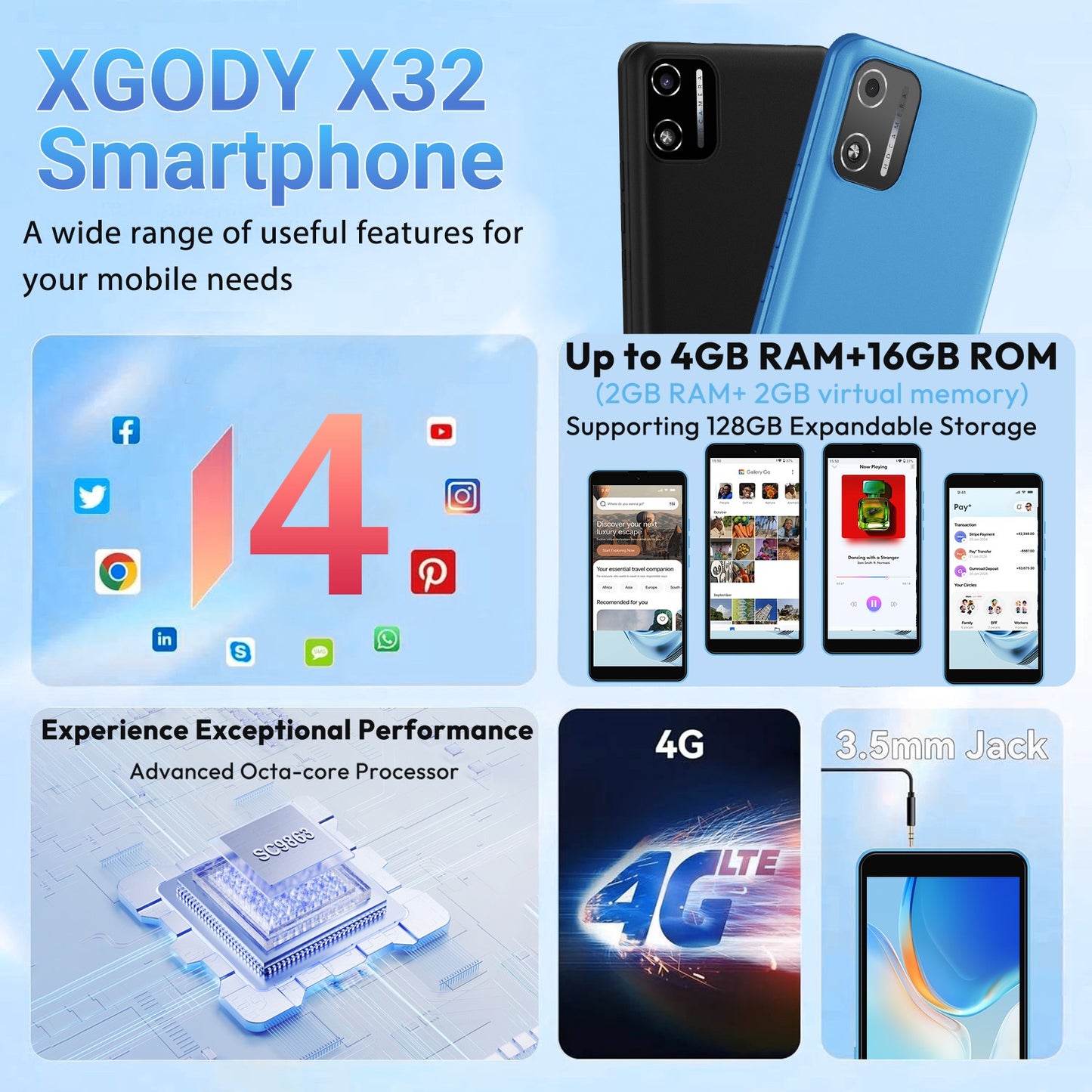 2025 Phone Unlocked 4G Android 14 Mobile Phone Smartphone 2*SIM 4/8-Core 6.3" 4G