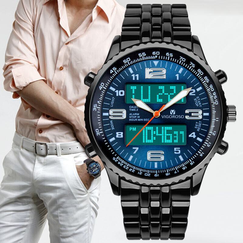 Luxury Mens Analogue Digital LED Stainless Steel Waterproof Military Sport Watch