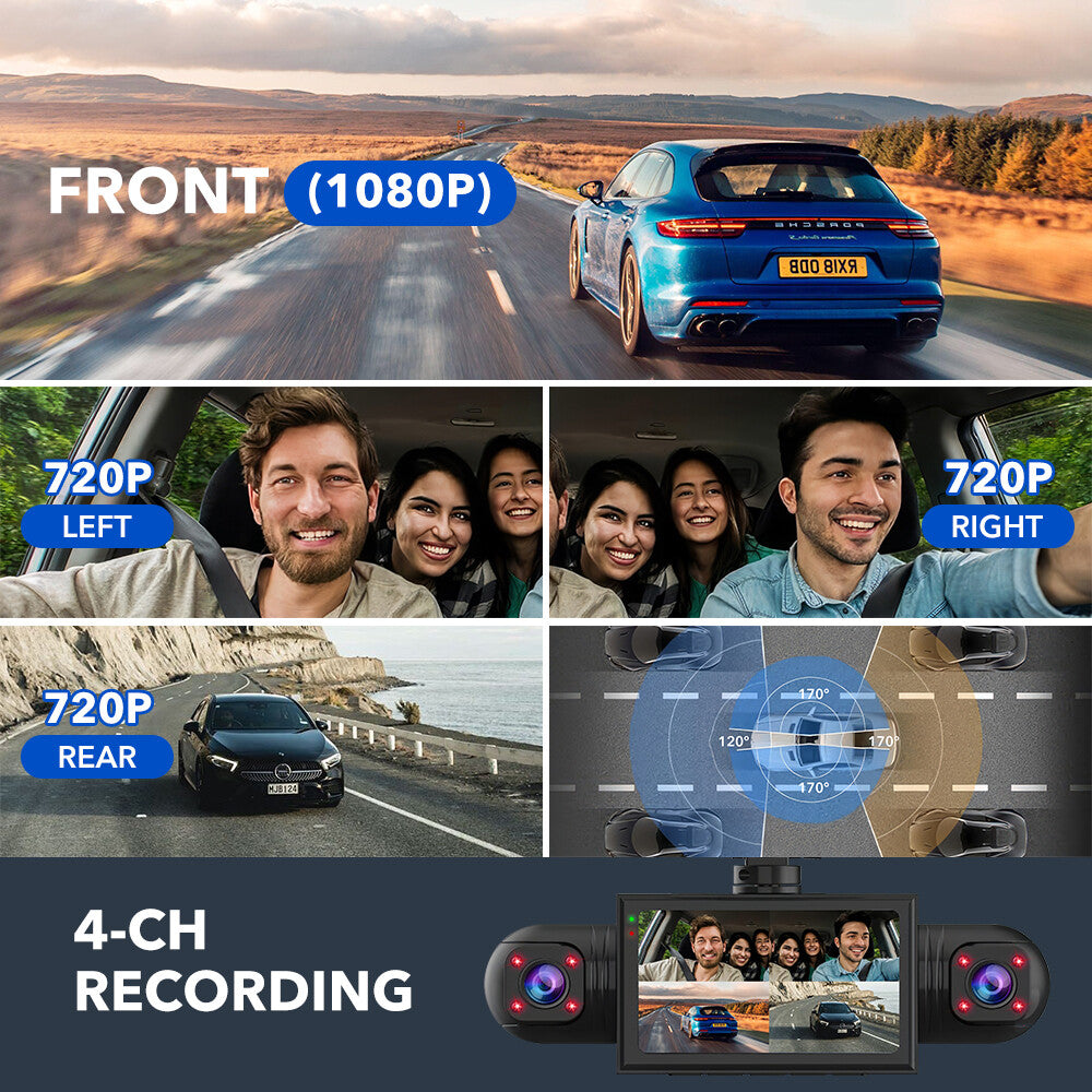 1080P Car Dash Camera +64GB Card Front Rear Driving Recorder 4 Channel G-Sensor
