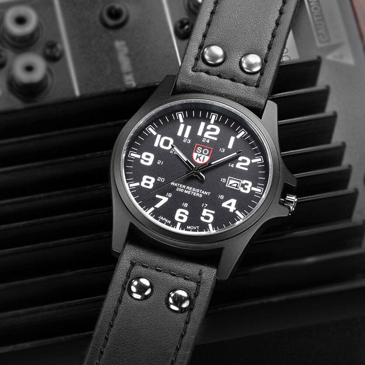 Men’s Military Leather Date Quartz Analog Army Casual Dress Wrist Watches UK