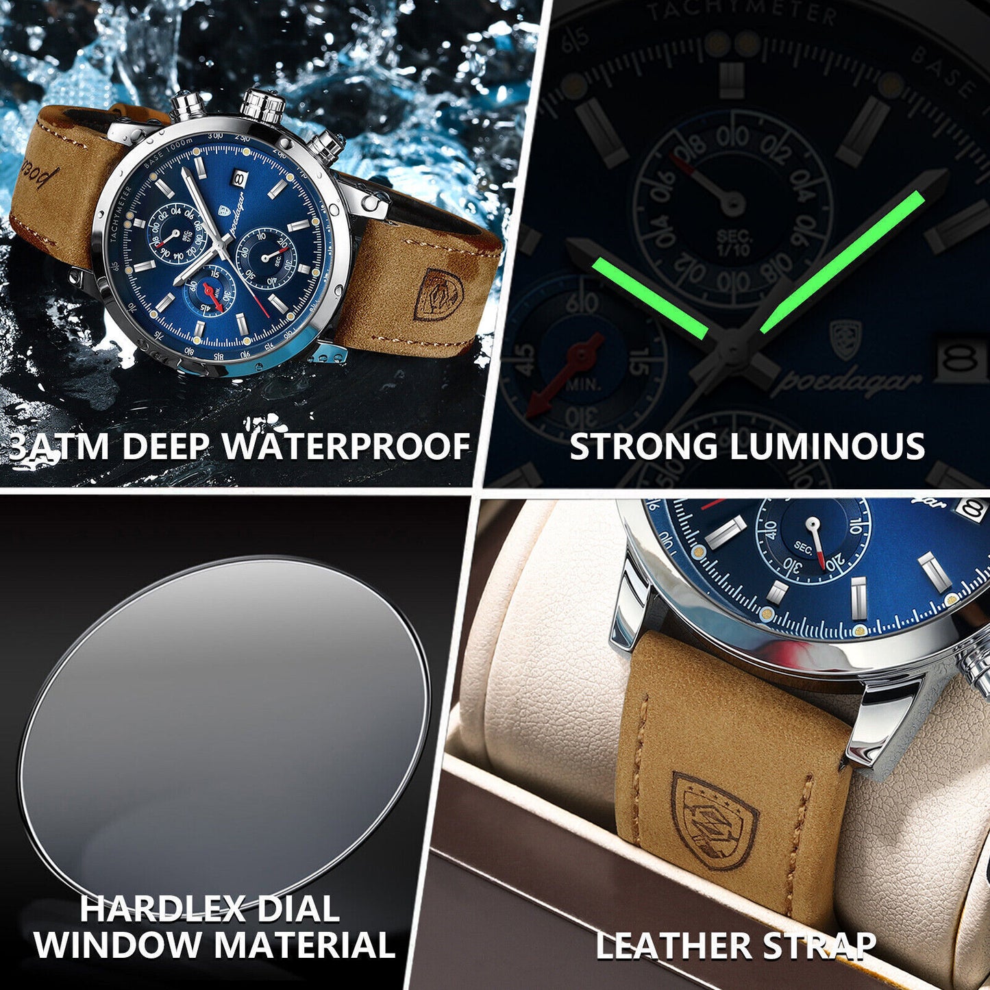 Mens Luxury Watch Waterproof Luminous Date Chronograph Leather Quartz Wristwatch