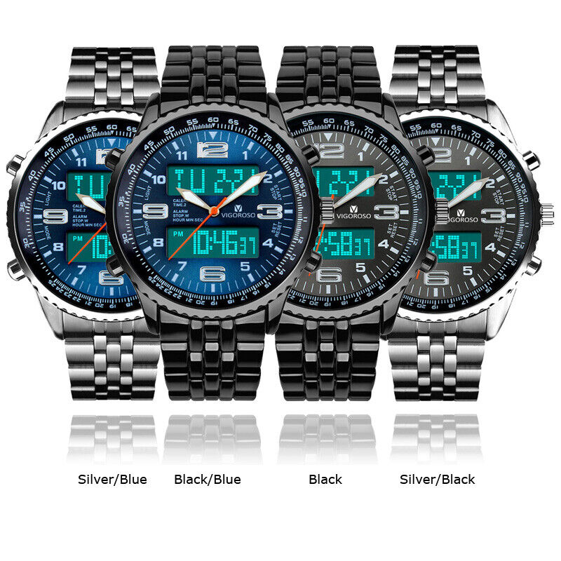 Luxury Mens Analogue Digital LED Stainless Steel Waterproof Military Sport Watch