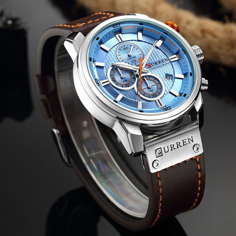 CURREN Men's Chronograph Date Waterproof Leather Strap Luxury Sports Wrist Watch