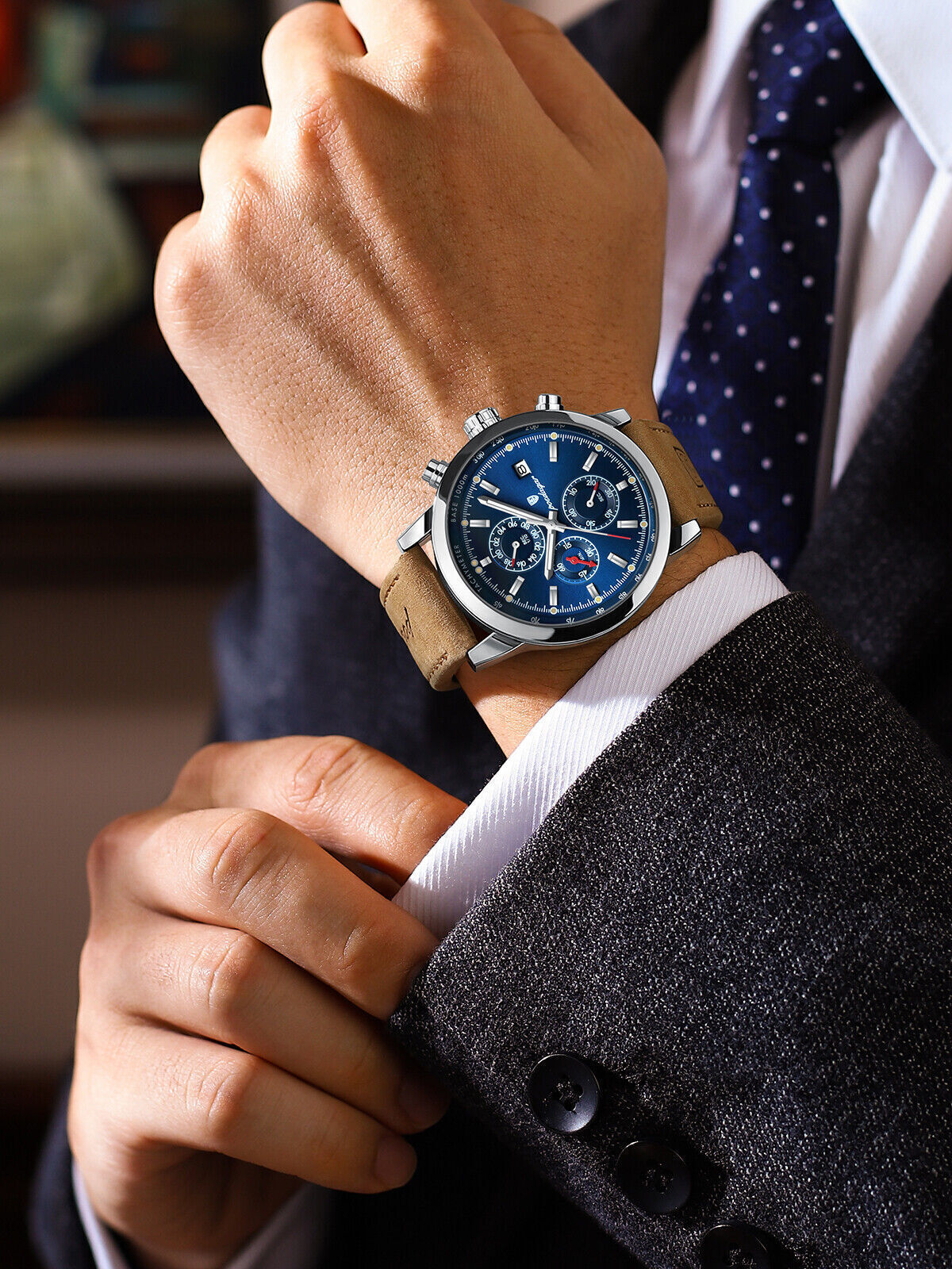 Mens Luxury Watch Waterproof Luminous Date Chronograph Leather Quartz Wristwatch