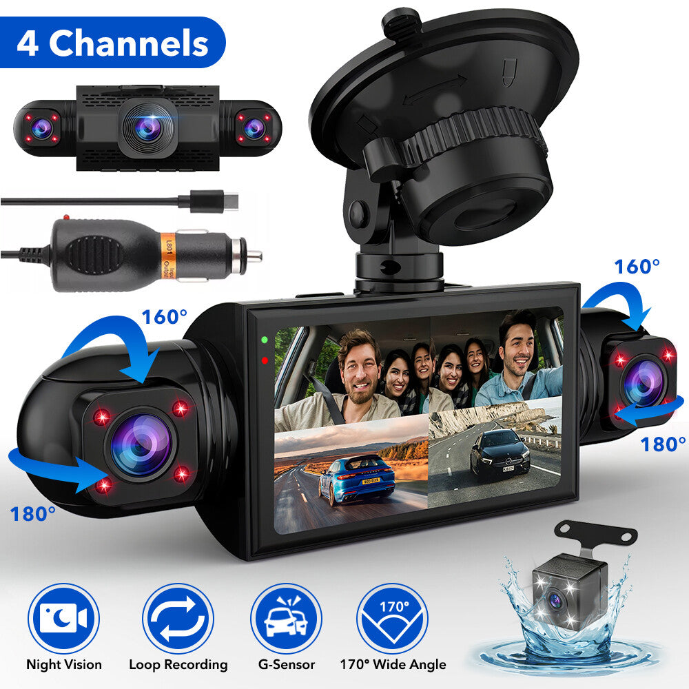 360° 4 Channel Dash Cam 1080P 4 Lens Front Rear Inside Driving Recorder G-Sensor