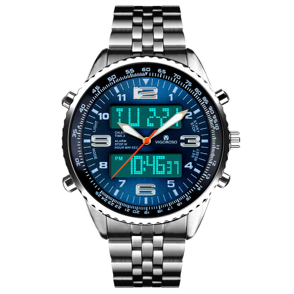 Luxury Mens Analogue Digital LED Stainless Steel Waterproof Military Sport Watch