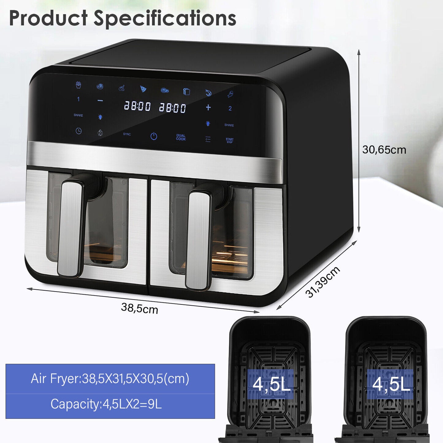 9L Visible XL Dual Baskets Air Fryer Digital 2400W Heathy Cooker Kitchen Ijnjats